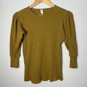 Kate Quinn Women’s Ribbed Puff Sleeve 3/4 Long Sleeve Top Yellow Organic Cotton